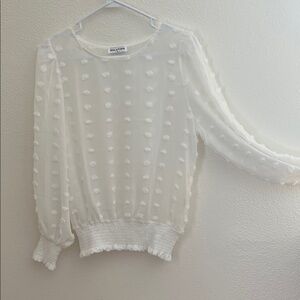 Solution White Swiss Dot Smocked-Hem Blouse